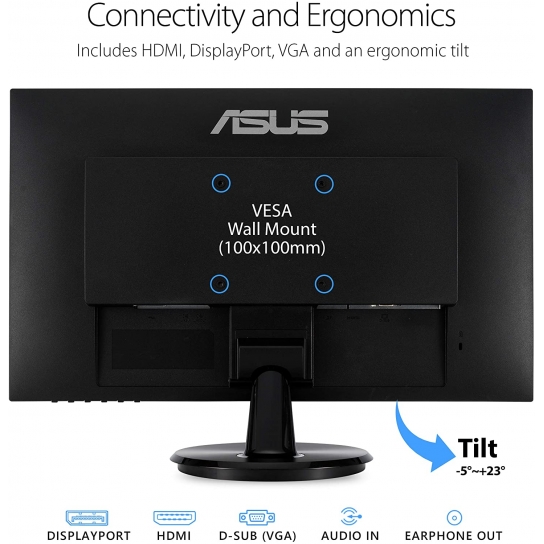 ASUS VA24DQ Eye Care Monitor – 23.8 inch, Full HD, IPS, Frameless, 75Hz, Adaptive-Sync/FreeSync™, Low Blue Light, Flicker Free, Wall Mountable