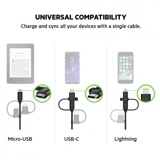 Belkin 3-in-1 Universal Micro USB, USB-C, Lightning Connector Cable F8J050BT04-BLK