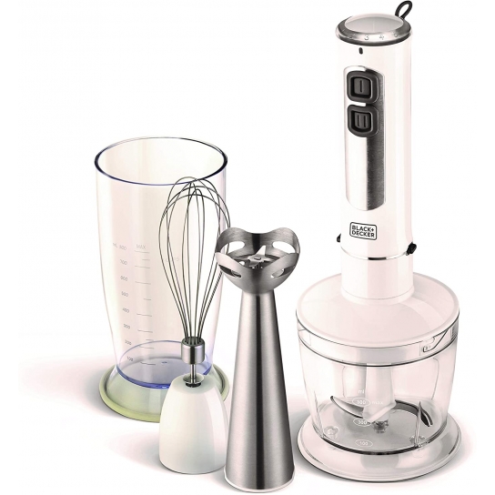 Black andDecker 400W 4 in 1 Stainless Steel Stem Hand Blender with Chopper and Whisk, White - SB4000-B5